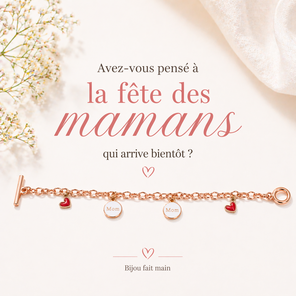 Bracelet Maman "Mom" Personnalisable – Acier Inoxydable Rose Gold & Cœurs Émaillés | Cadeau Fête des Mères