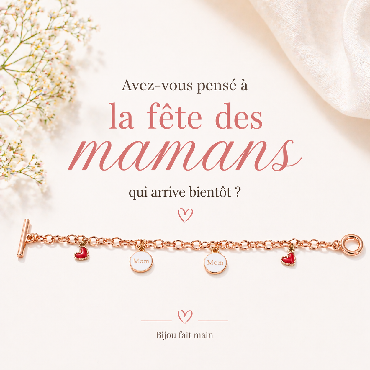 Bracelet Maman "Mom" Personnalisable – Acier Inoxydable Rose Gold & Cœurs Émaillés | Cadeau Fête des Mères