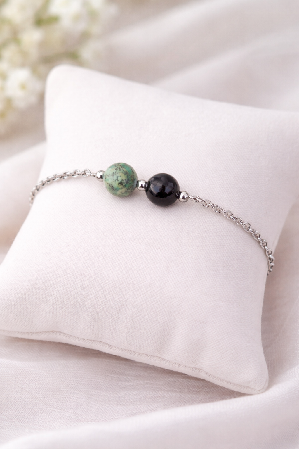 Bracelet «Maman» – Turquoise Africaine & Obsidienne | Cadeau Fête des Mères