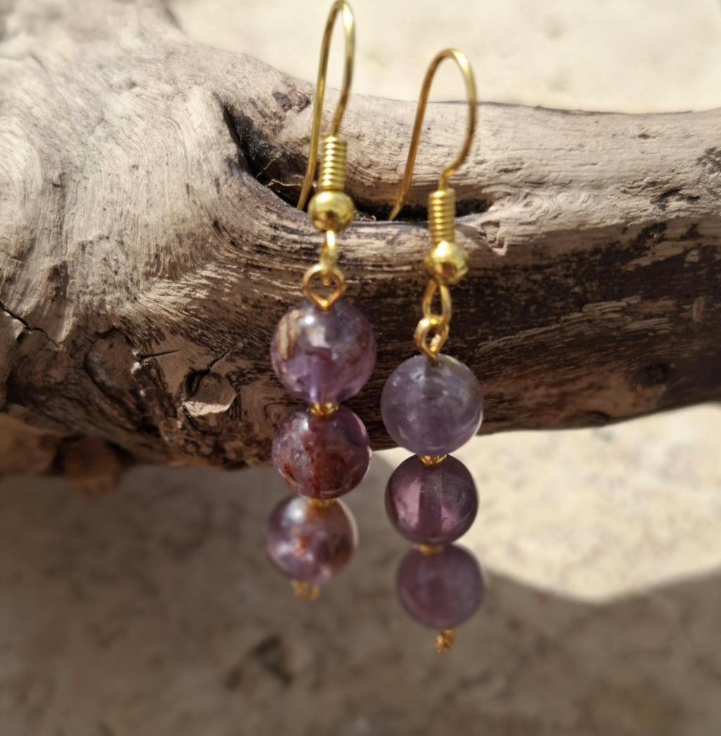 Boucles d’oreilles Améthyste naturelle – Élégance spirituelle | Acier inoxydable doré