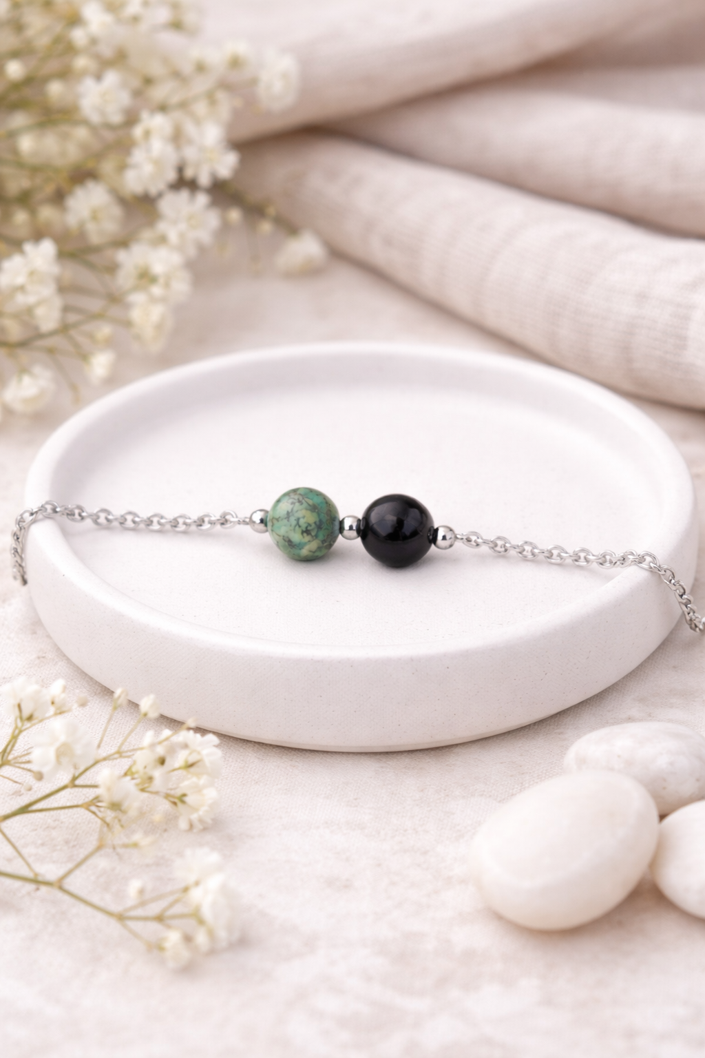 Bracelet «Maman» – Turquoise Africaine & Obsidienne | Cadeau Fête des Mères