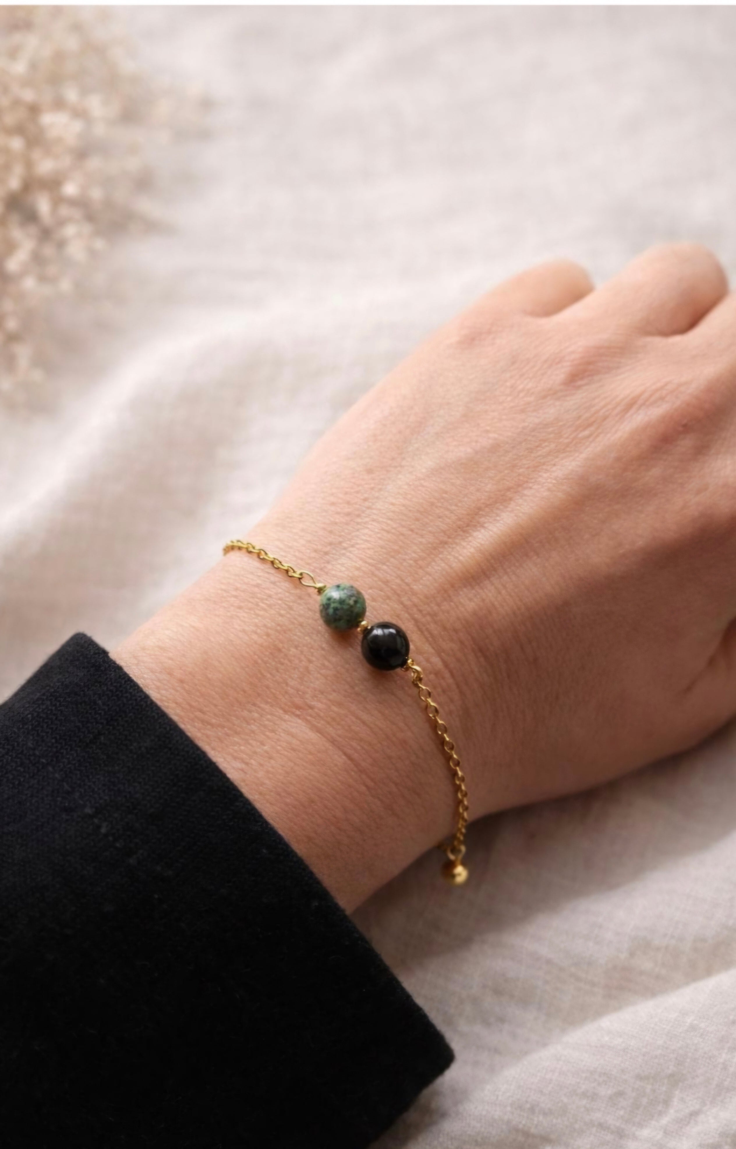 Bracelet Turquoise Africaine & Obsidienne – Protection et Renouveau | Acier inoxydable doré