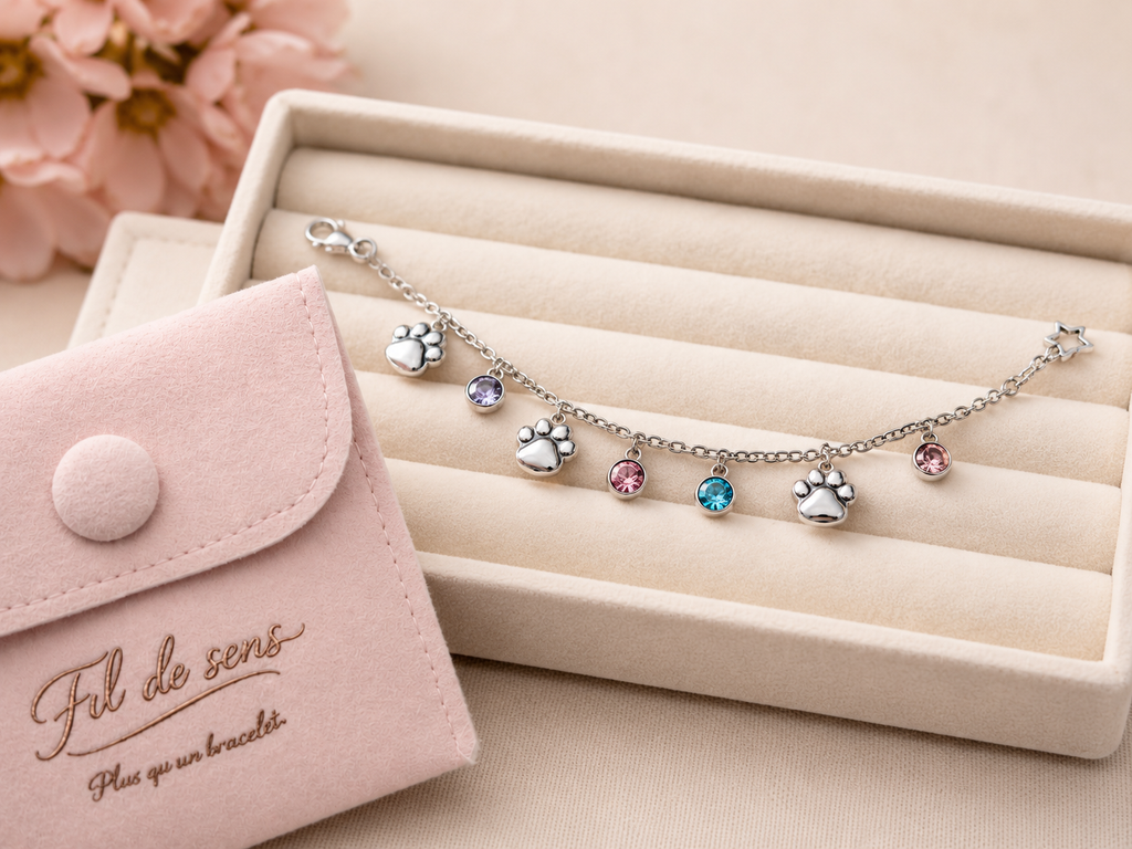 Bracelet personnalisé Chat Argenté & Pampilles Colorées – Bijou Féminin Personnalisé 🐾✨