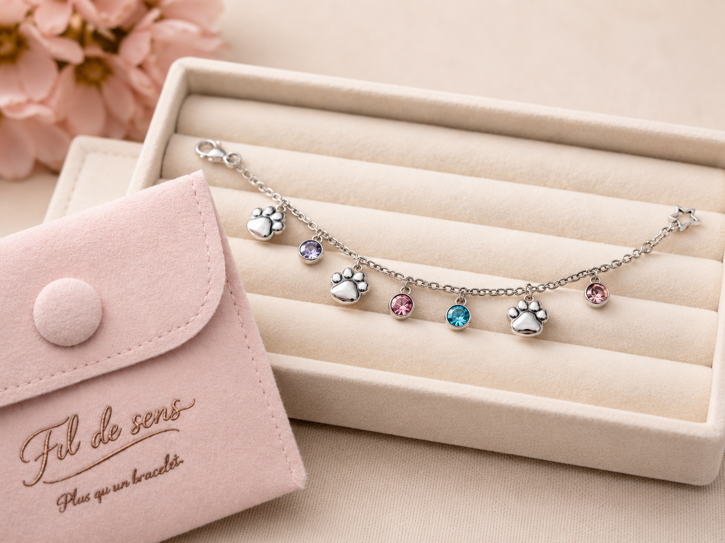 Bracelet personnalisé Chat Argenté & Pampilles Colorées – Bijou Féminin Personnalisé 🐾✨