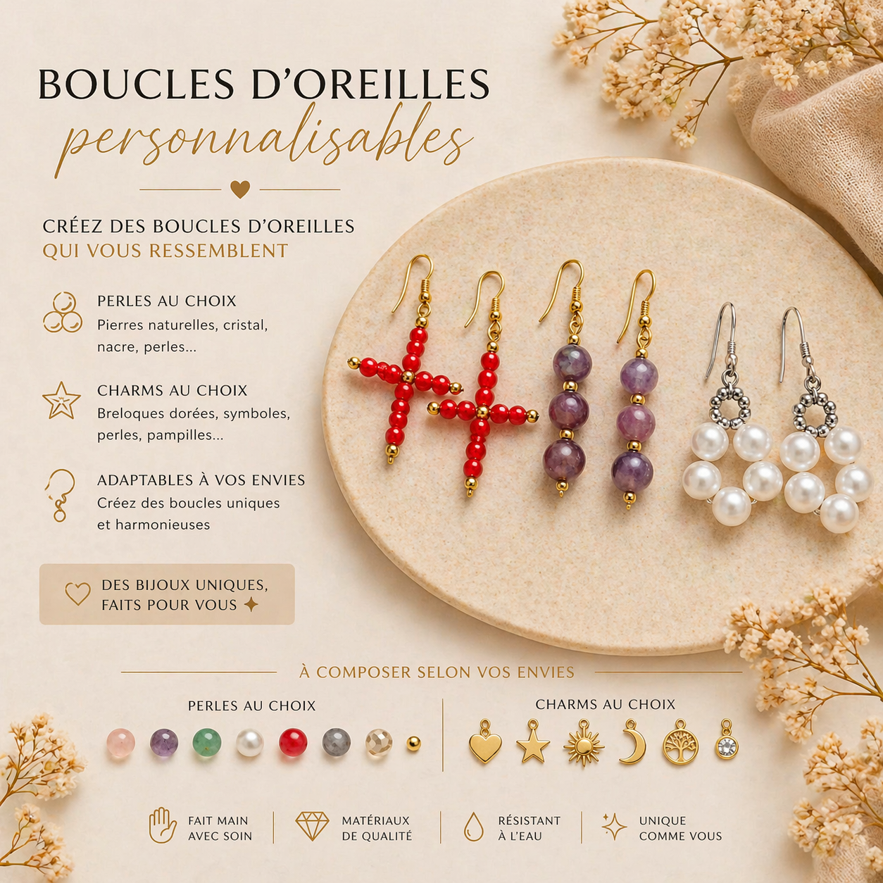 Boucles d'oreilles Personnalisables – Pierre Naturelle au Choix | Fait Main & Acier Inoxydable